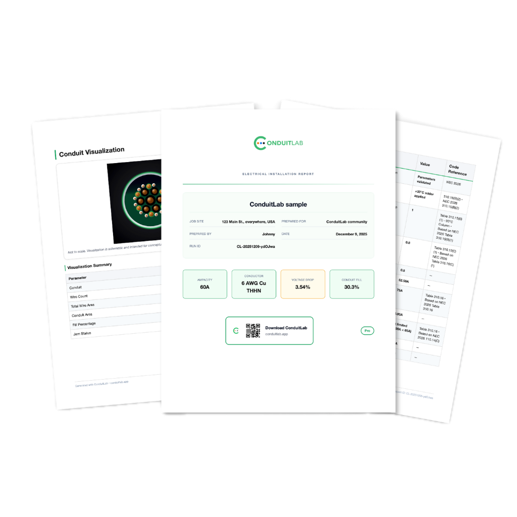 ConduitLab Professional Report Preview - showing conduit visualization, calculation summary, and code references