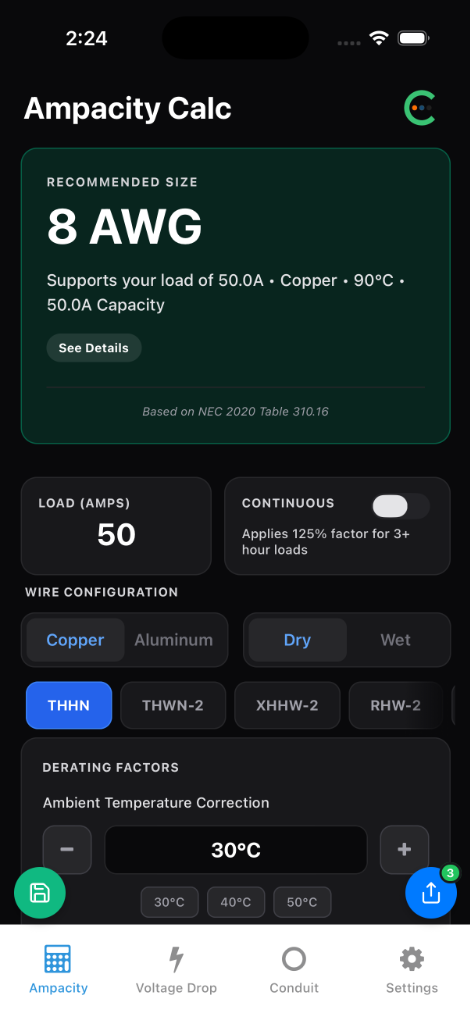 ConduitLab Ampacity Calculator showing 8 AWG recommendation for 50A load