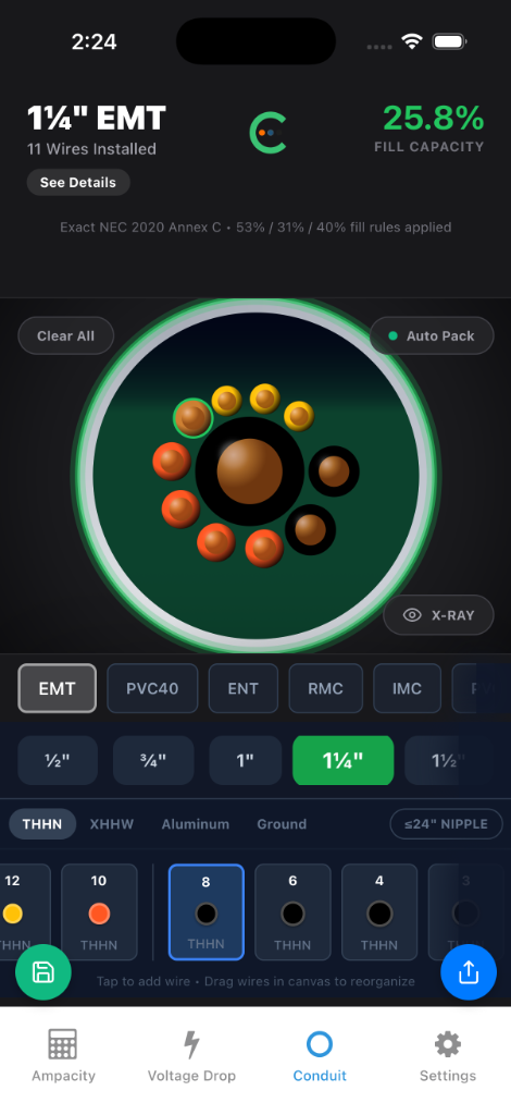 ConduitLab Conduit Fill Visualizer showing wire placement in 1¼ EMT