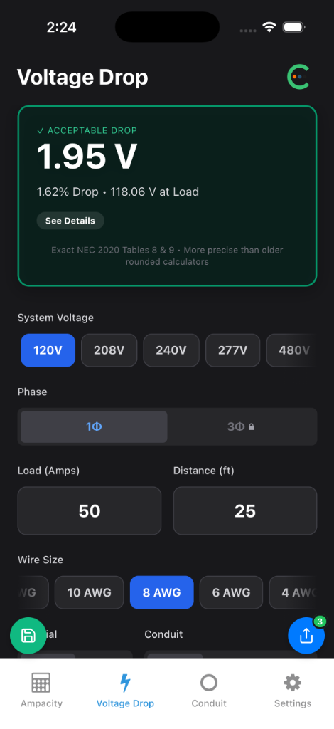 ConduitLab Voltage Drop Calculator showing 1.95V drop result